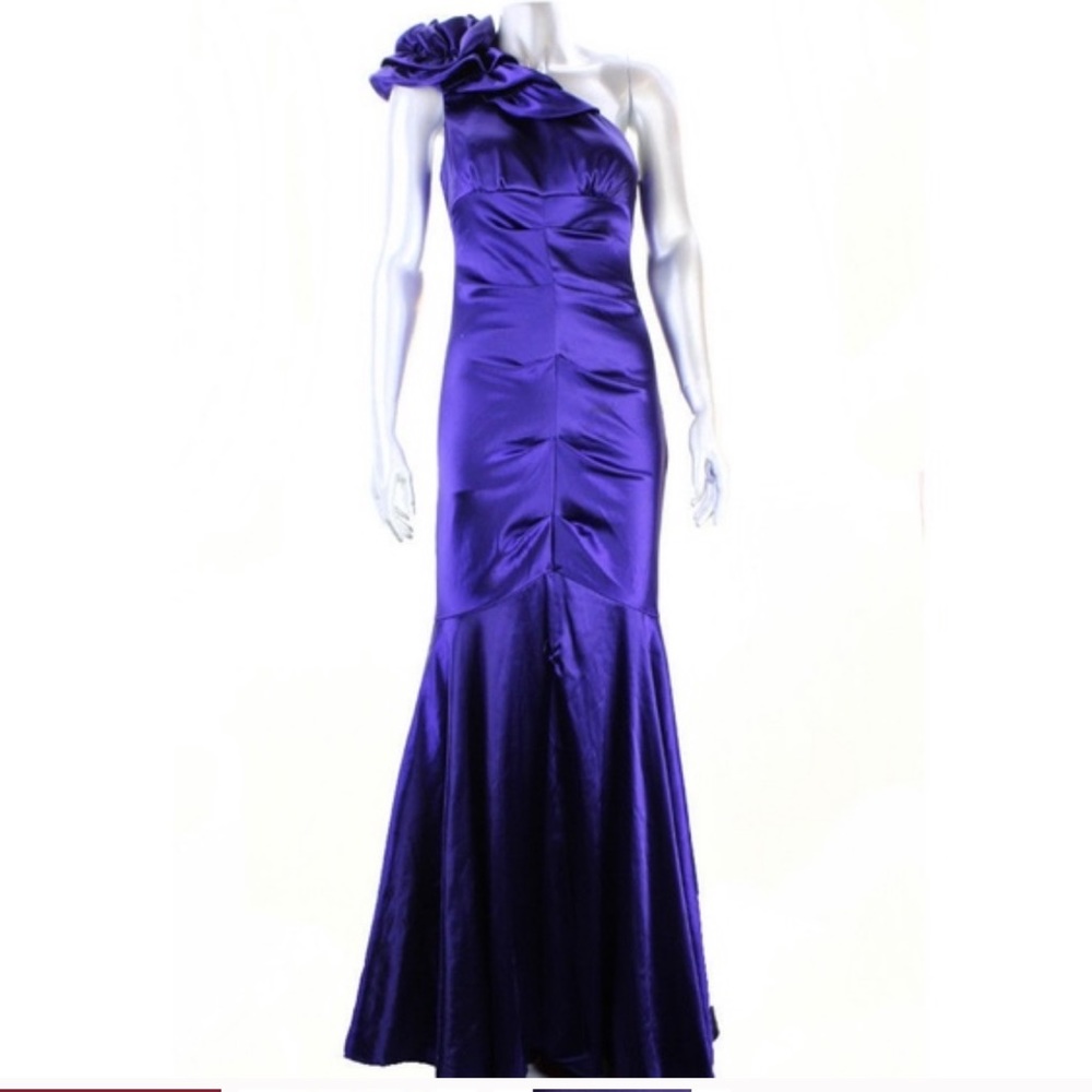 Xscape Formal Dress Purple One Shoulder Ruffle Mermaid Satin Gown Prom Formal